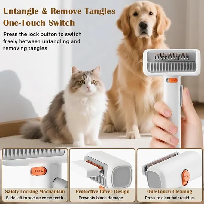 2-IN-1 Pet Self-Detangling & Grooming Comb, Pet Hair Removal Comb, One-touch Release Button, Soft Pet Grooming Brush, Easy to Removal Loose Undercoat,Matted Fur & Tangles, Gentle Hair Comb (1 PC)