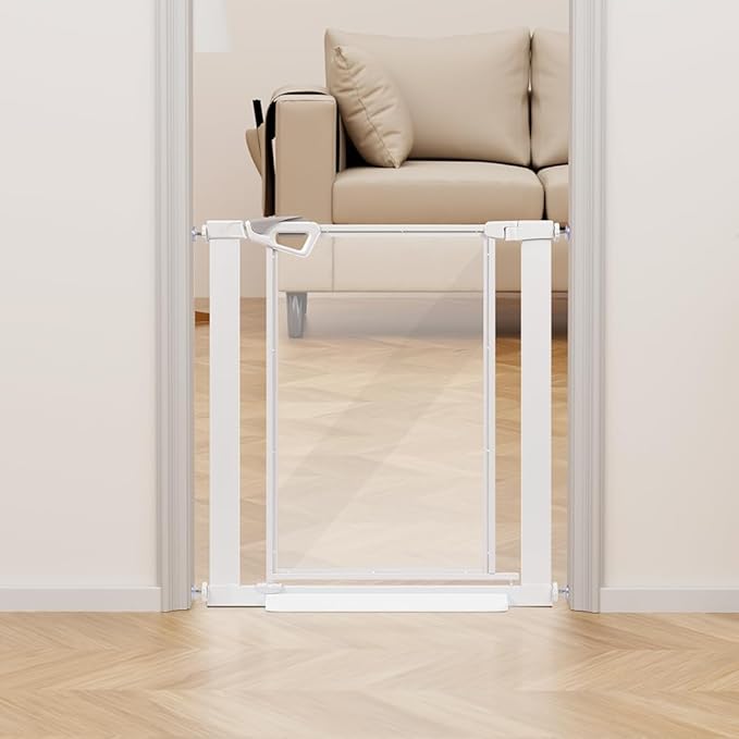 unipaws Clear Dog Gate for Doorway Stairs Wide Openings, Pressure Mounted Extra Wide Pet Door with Extension Parts, No Drilling Walk Through Gate, Indoor, White