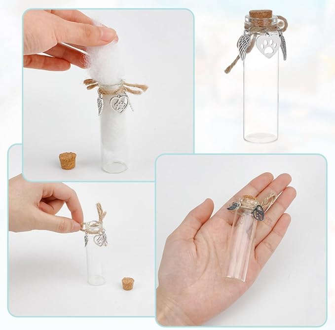4pcs Pet Hair Keepsake Bottle Dog Cat Clear Hair Memorial Mini Glass Vial with Angel Wings Pet Fur Locket Bottle with Heart Paw Ornaments for Pet Loss Sympathy Gift Pet Ashes Hair Storage