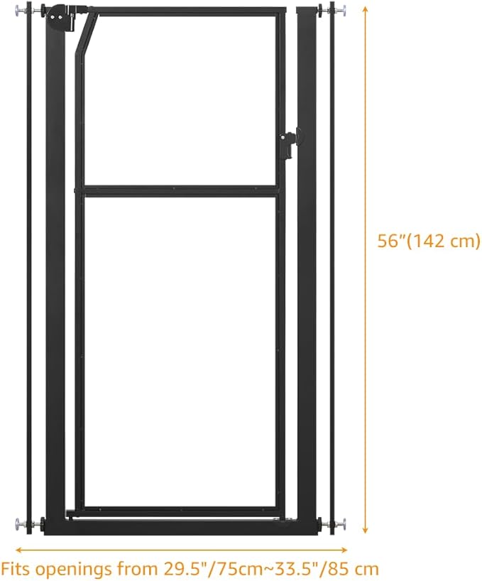 unipaws 56" Extra Tall Pet Gate, Clear Transparent Tall Cat Gate, 29.5-33.5" Wide No Drilling Pressure Mounted Dog Gate for Doorway, Hallway, Stairs, Black