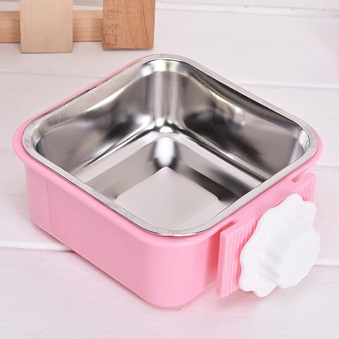 Crate Dog Bowl,Removable Stainless Steel Water Food Feeder Bowls Crate Coop Cup,Pet Cage Bowls with Bolt Holder for Cat, Puppy, Birds, Rats, Rabbits Small Animals ((Green+Pink) Square, Large)