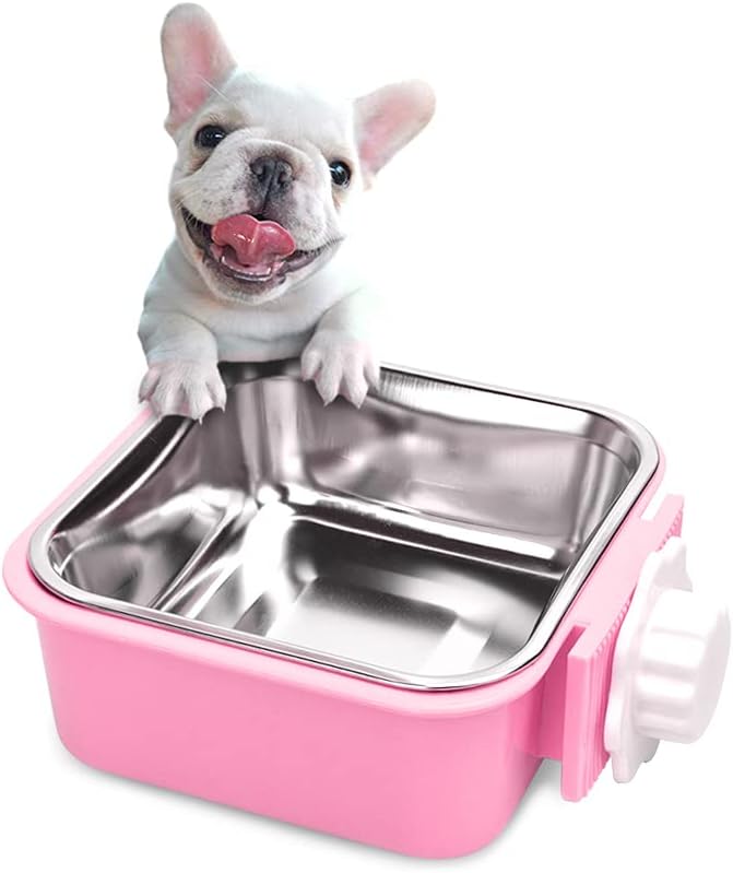 Crate Dog Bowl,Removable Stainless Steel Water Food Feeder Bowls Crate Coop Cup,Pet Cage Bowls with Bolt Holder for Cat, Puppy, Birds, Rats, Rabbits Small Animals ((Green+Pink) Square, Large)