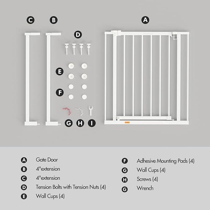Baby Gate for Stairs, 28.5"-40" Adjustable Width, 30" Height, Dog Gate for Doorways with Pressure & Wall Mount Kits, Baby Safety Gate for Stairs, Doorways, and Indoor Use (white28.5-40",30")
