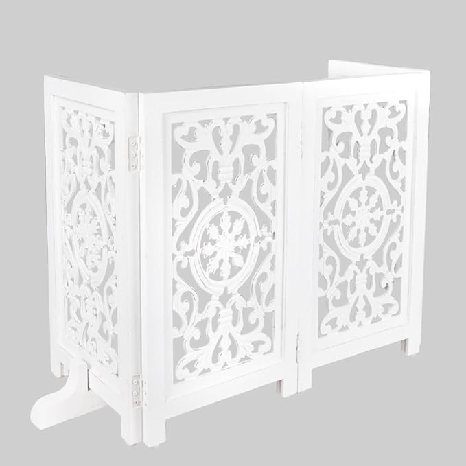Decorative Wooden Pet Gate, Dog Fence, Cat Gate, Foldable, Adjustable, Portable, Extra-Wide, Wooden Dog Barrier, Free-Standing Puppy Gate 4 Panels for Indoor, Doorways, Stairs-26x52 Inch Antique White