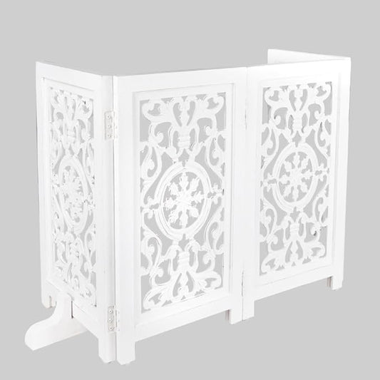 Decorative Wooden Pet Gate, Dog Fence, Cat Gate, Foldable, Adjustable, Portable, Extra-Wide, Wooden Dog Barrier, Free-Standing Puppy Gate 4 Panels for Indoor, Doorways, Stairs-26x52 Inch Antique White
