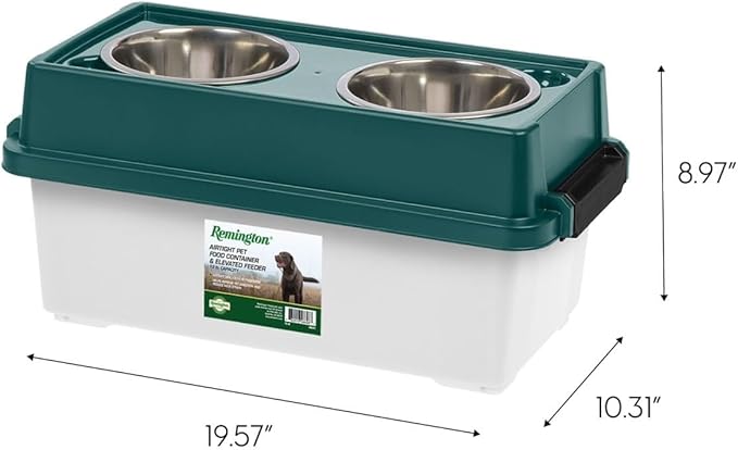 IRIS Remington 13 Lb /12 Qt Medium Elevated Feeder with Airtight Pet Food Storage Container, Dry Food Bin with Removable Stainless Steel Bowls, At Home Camping Roadtrip Pet Food Container, Green