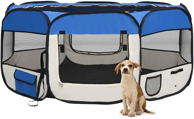 vidaXL Foldable Dog Playpen - Portable Training and Play Area with Carrying Bag - Ideal for Home and Travel - Blue Polyester with Steel Frame - 57.1"x57.1"x24" Size