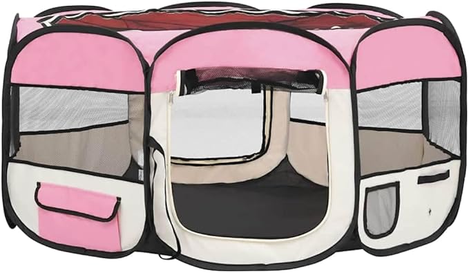 vidaXL Foldable Dog Playpen: Portable and Sturdy Design, Ideal for Travel and Home Use, with Storage Pockets and Zippered Mesh Roof, Pink