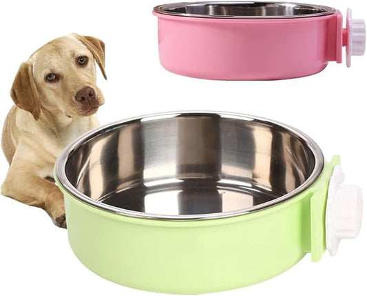 Crate Dog Bowl,Removable Stainless Steel Water Food Feeder Bowls Crate Coop Cup,Pet Cage Bowls with Bolt Holder for Cat, Puppy, Birds, Rats, Rabbits Small Animals ((Green+Pink) Round, Large)
