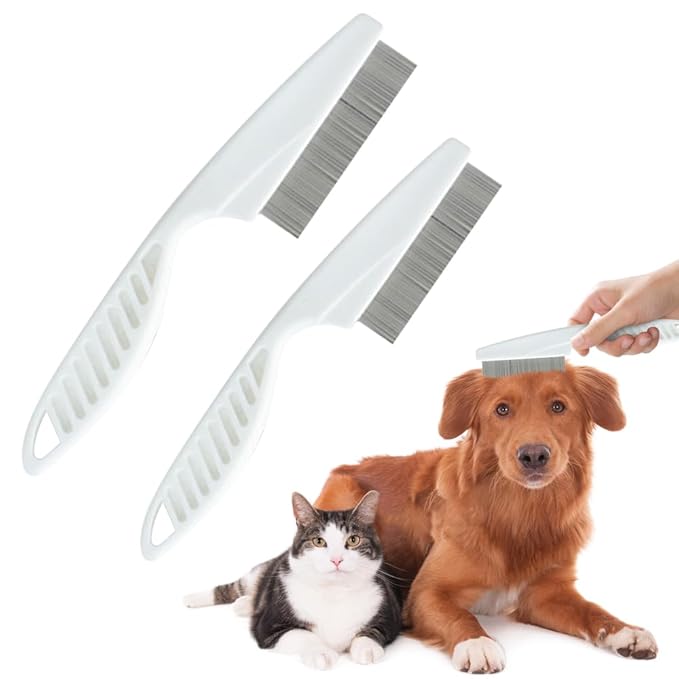 2PCS Multifunctional Pet Hair Comb, 2025 New Tear Stain Removal Comb Pet Grooming Brush, Dual-Sided Fine-Tooth Stainless Grooming Massage Comb Kit for Puppies (White)