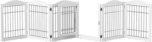 Bonnlo Freestanding Dog Gate, 24" H Pet Gate with 6 Panel Walk Through Door, Foldable Dog Safety Fence for Stairs Doorways Fireplace Up to 146'' Wide (White, 24" H-6 Panels with Door)