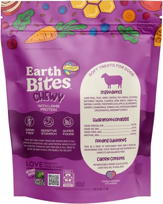 Earthborn-Holistic Dog Treats Chewy Variety Pack - 4 Delicious Earth Bites Flavors: Lamb, Bison, Turkey, & Salmon (7oz Each)