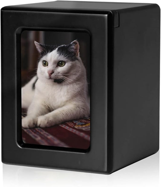 PCS Cat Urn for Ashes - Large Black Pet Cremation Box with Photo Urn Option