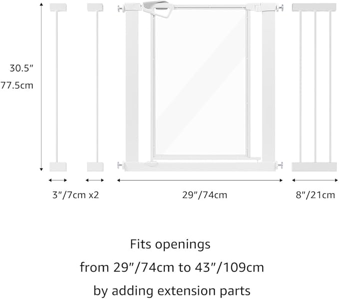 unipaws Clear Dog Gate for Doorway Stairs Wide Openings, Pressure Mounted Extra Wide Pet Door with Extension Parts, No Drilling Walk Through Gate, Indoor, White