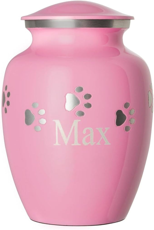 Ottillie Paws Premier Series Pet Urn for Dogs with Personalized Laser Engraving (Large - Pets up to 115 lbs, Ardent Pink with Horizontal Pewter Paws)