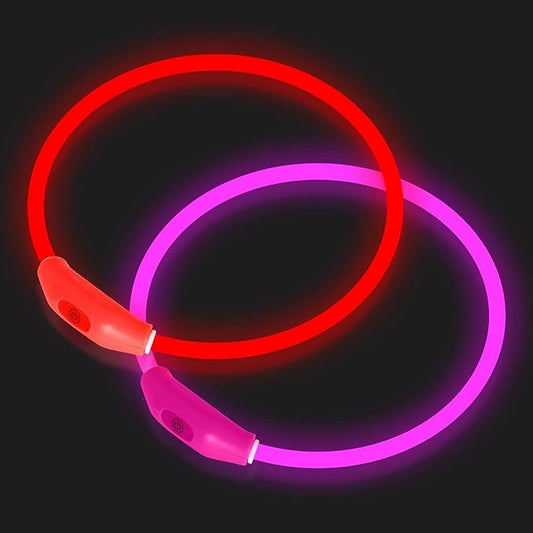 2-Pack LED Dog Collar, Light Up Dog Collars,Rechargeable Dog Lights for Night Walking，Universal, Reusable Safety Necklace for Small Medium Large Dogs RED&Pink