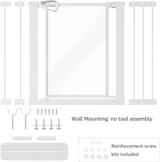 unipaws Clear Dog Gate for Doorway Stairs Wide Openings, Pressure Mounted Extra Wide Pet Door with Extension Parts, No Drilling Walk Through Gate, Indoor, White