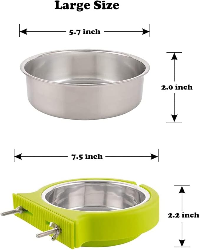 Crate Dog Cat Bowls, Removable Stainless Steel Hanging Pet Cage Bowls for Kennel, Crate Food Water Feeder Bowls with Bolt Holder for Cat, Puppy, Rabbite Birds and Other Small Animals (Large, Green)