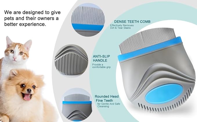 PET Facial Grooming Comb，Stainless Steel Tear Stain Remover，Gentle Round-Head Grooming Tool，Stress-free Tear Stain Remover for Dogs & Cats, Cat Grooming Kit，Lightweight & Portable Pet Grooming Brush