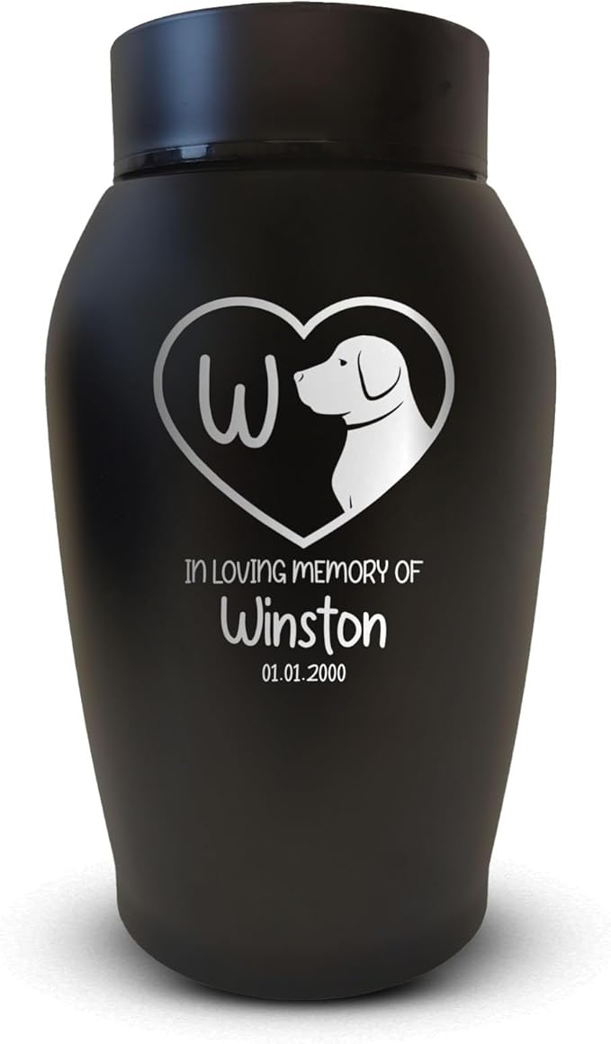 Personalized Custom Small Keepsake Urn Engraved with Pet Name, Date, and Dog Design - 5.2" Black Powder Coated Steel Cremation Urn for Dogs Ashes | 12-16 lb Capacity, Initial in Heart