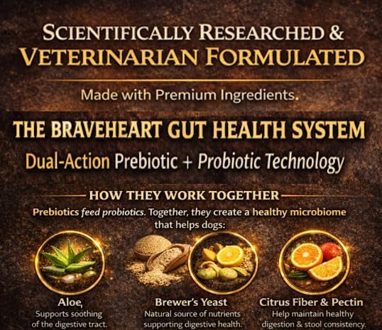 Braveheart K9 Gut & Immunity Care Dog Supplement, Veterinarian Formulated, Dual Action Prebiotic & Probiotic System, Fortified Soft Chew, 160 Count