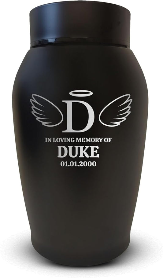Personalized Custom Small Keepsake Urn Engraved with Pet Name, Date, and Dog Design - 5.2" Black Powder Coated Steel Cremation Urn for Dogs Ashes | 12-16 lb Capacity, Wings and Halo