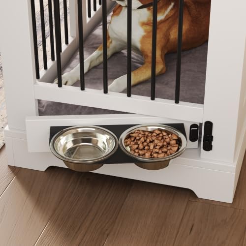 Farmhouse Dog Crate Furniture End Table with 2 Storage Drawers, 360° Rotating Locking Food Bowls, Large & Medium Indoor Metal Bar Kennel for Living Room, White and Brown