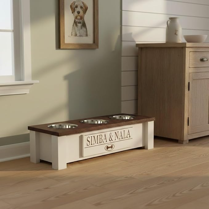 GTW Elevated 3 Bowl Dog Feeding Station - Customized Triple Stand for Small Dog Breeds - Includes Storage & Stainless Steel Bowls (Small, Brown)
