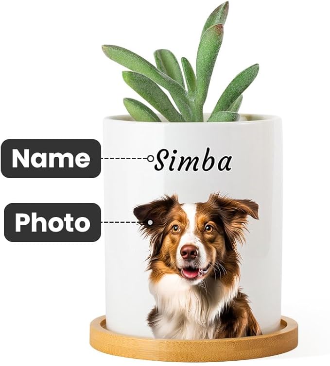 callie Personalized Pet Loss Sympathy Gifts, Custom Dog Cat Memorial Ceramic Plant Pot Planter with Photo Name, Remembrance Passing Away Gifts for Pet Lovers