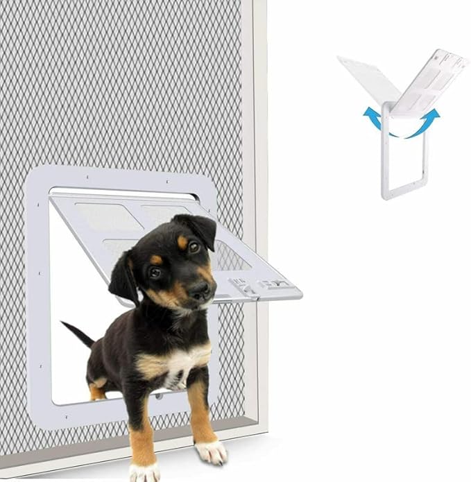 Dog Cat Door for Screen Door with Magnetic Flap Lockable, Magnetic Closure Sturdy Screen Pet Door for Existing Sliding Door, Window (L (Inside Size: 14.5"*12.2"), White)