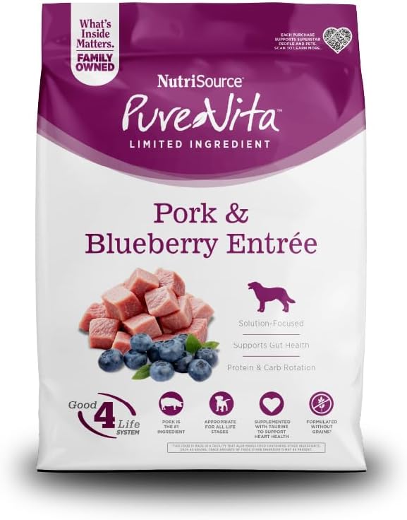 NutriSource Pure Vita Grain Free Pork & Blueberry Dog Food, 25LB