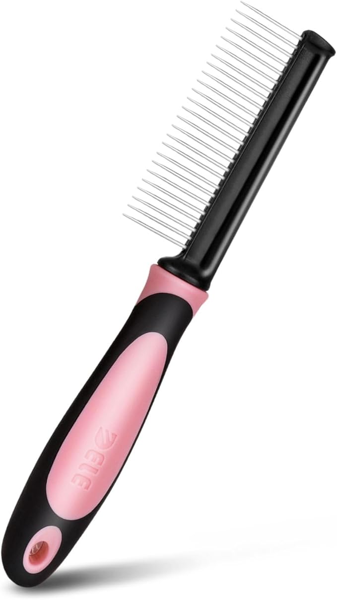 Flexzion Metal Pet Comb for Cats & Dogs - Sturdy Stainless Steel Rounded Teeth with Non-Slip Soft Grip Handle Easy to Use Grooming Detangling Cat Combs for Indoor Cats, Pink