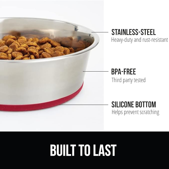GORILLA GRIP Dog Bowl, Holds 4 Cups (32 fl oz), Food Grade 304 Stainless Steel Food and Water Bowl for Feeding Dogs and Cats, BPA Free Rubber Base, Easy Clean, Dishwasher Safe, Rust Resistant, Red
