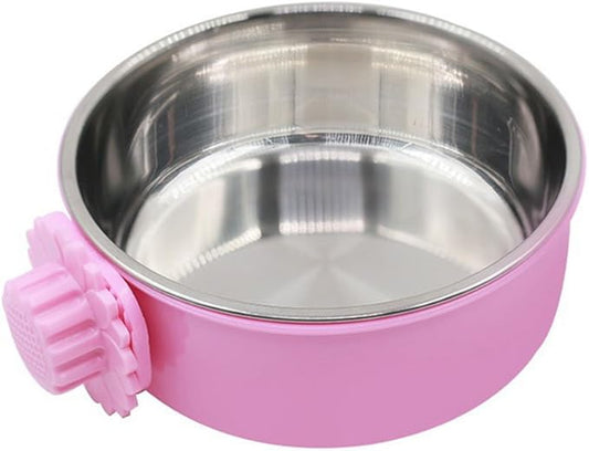 DEVILMAYCARE Pet Feeder Dog Bowl Stainless Steel Food Hanging Bowl Crates Cages Dog Parrot Bird Pet Drink Water Bowl Dish Accessory (L: 6''x2.2'', Pink)