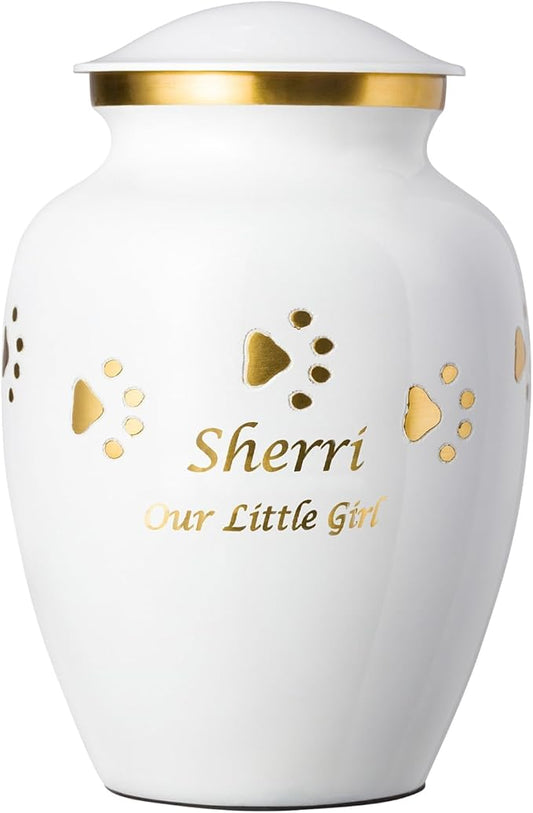 Ottillie Paws Premier Series Pet Urn for Dogs and Cats with Personalized Laser Engraving (Small - Pets up to 25 lbs, Cloud White with Horizontal Brass Paws)