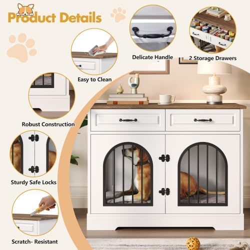 43.3" Dog Crate Furniture End Table with 2 Storage Drawers, Heavy Duty Indoor Dog Kennel for Medium Large Dogs, Side Entry Doors, Anti-Chew Escape Proof Pet Cage, White and Brown