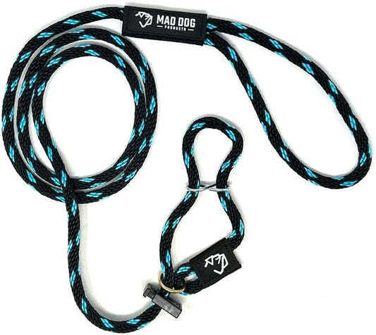 Mad Dog Products Easy Leader Dog Leash 3/8" x 6' Black/Sky Blue Signature Rope - Made in USA