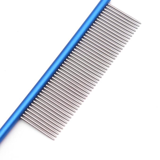 Professional Pet Grooming Comb, 7.2-Inch Stainless Steel Detangling Tool with Ergonomic Handle for Dogs and Cats, Long and Short Coats (Blue, Medium)