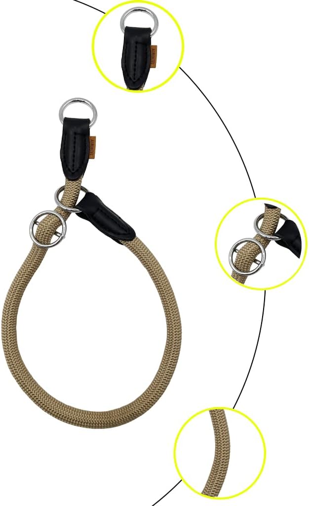 Braided Round Martingale Dog Collar, Training Collar with Slidable Stop Ring - Ideal for Small Medium Dogs (M- (1/3") - 18" Long, Khaki)