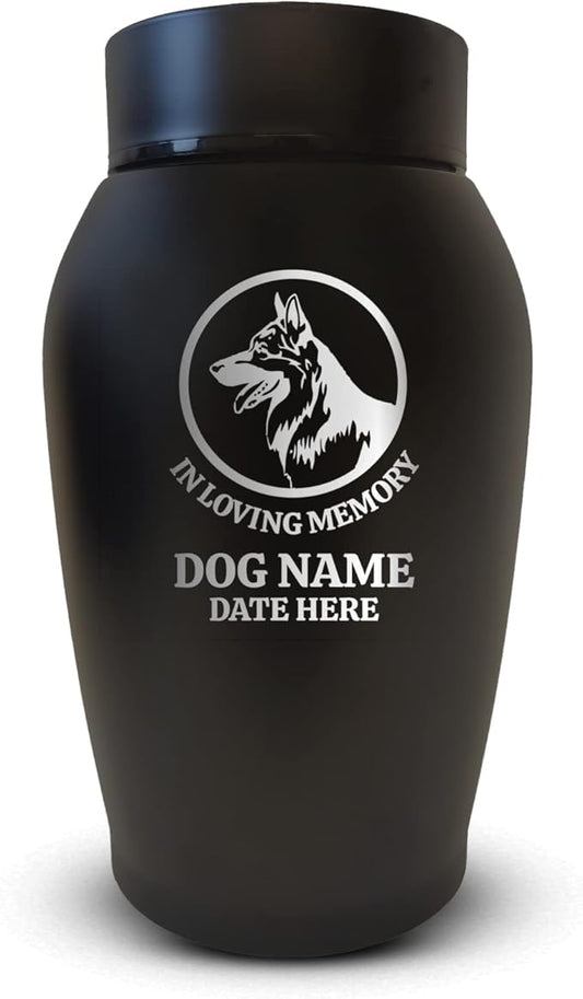 Personalized Custom Engraved Dog Urn with Pets Name and Date - Stainless Steel Cremation urns for Dogs Ashes with Airtight Closure | German Shepperd Silhouette