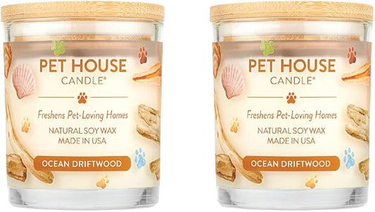 Pet House Candles, Clean Long-Burning, Scented Pet Friendly Candles, Plant-Based, 60 Hour Burn Time - Ocean Driftwood, 9 oz, 2 Pack