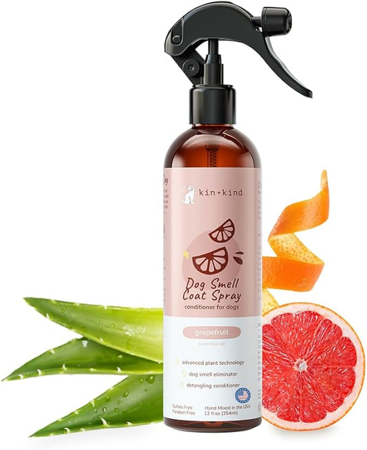 kin+kind Dog Deodorizing Spray - Safe, Natural, & Easy to Use Pet Odor Eliminator - Premium Dog Detangler Spray Formula Made w/Aloe - Dog Deodorizer for Smelly Dogs Made in the USA (12 fl oz)