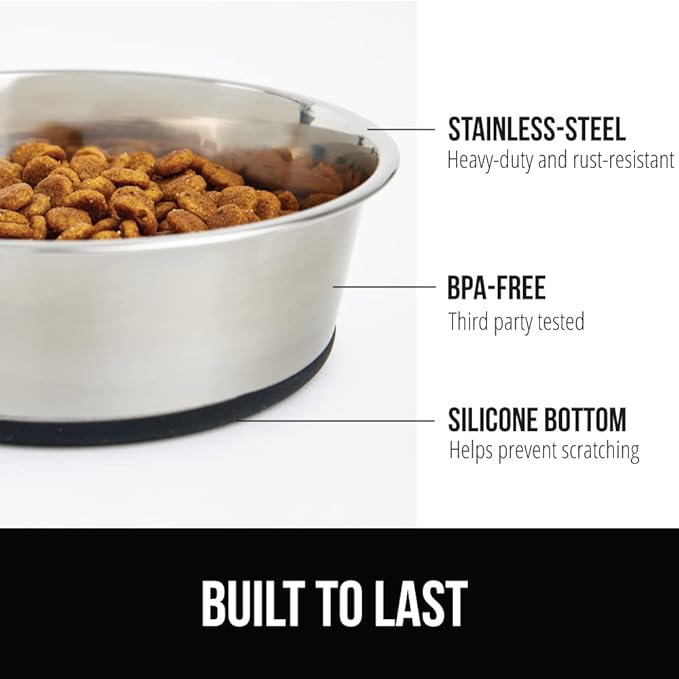 GORILLA GRIP Dog Bowl, Holds 2 Cups (16 fl oz), Food Grade 304 Stainless Steel Food and Water Bowl for Feeding Dogs and Cats, BPA Free Rubber Base, Easy Clean, Dishwasher Safe, Rust Resistant, Black