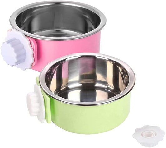 Crate Dog Bowl,Removable Stainless Steel Water Food Feeder Bowls Crate Coop Cup,Pet Cage Bowls with Bolt Holder for Cat, Puppy, Birds, Rats, Rabbits Small Animals ((Green+Pink) Round, Samll)