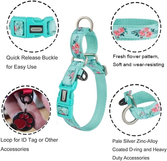 Martingale Dog Collar,Floral Pattern,with Safety Quick Release Buckle,Escape-Proof Anti-Pull for Medium Dogs(Green Floral,M)