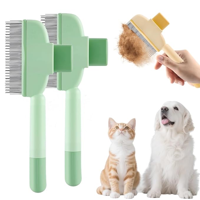 2-in-1 Pet Grooming Brush, Magic Pet Hair Remover Comb with Self-Cleaning Button for Dogs & Cats, Shedding Brush for Long/Short Hair, Home & Furniture Fur Removal Tool (Green 2PCS)