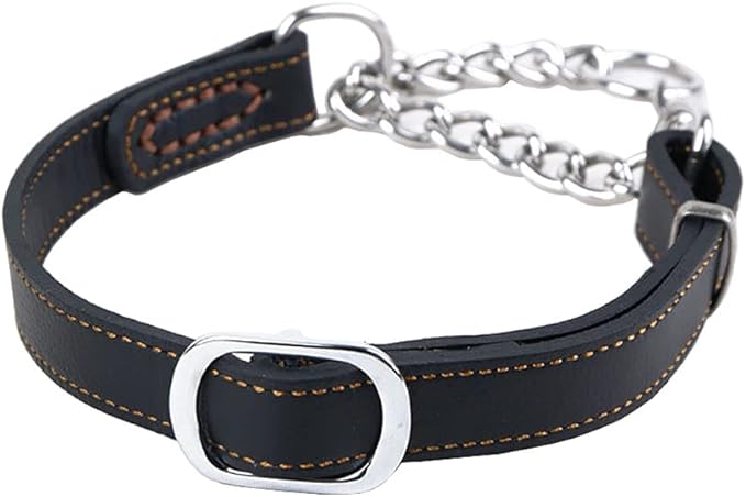 Love Dream Martingale Collars for Dogs, Leather Training Dog Collar, Stainless Steel Chain Anti-Escape No Pull Dog Collar for Medium Large Dogs (M(13.8"-18.9"), Black)