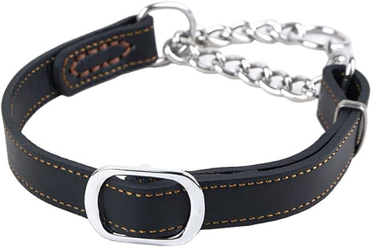 Love Dream Martingale Collars for Dogs, Leather Training Dog Collar, Stainless Steel Chain Anti-Escape No Pull Dog Collar for Medium Large Dogs (L(15.7"-20.9"), Black)