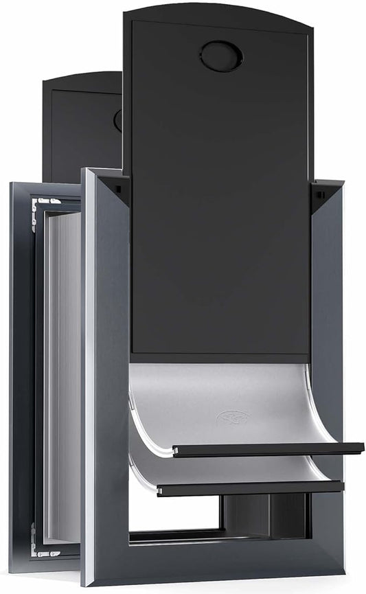 FreeStanding Doggy Door for Wall, Doggie Door with Aluminum Frame, Telescoping Tunnel, Magnetic Flap Design and Two Sliding Lock Panels,Medium,Gray.