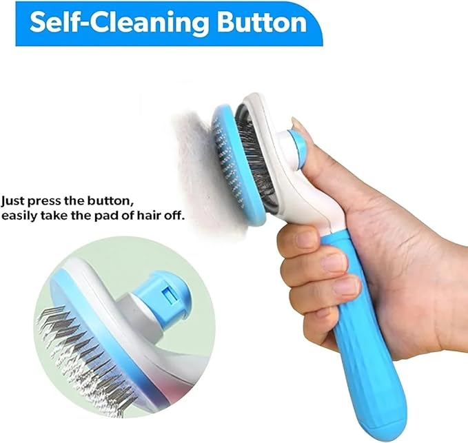 Self-Cleaning Cat and Dog Slicker Brush - Grooming Comb With Smooth Handle, Pet Grooming Tool With Cleaning Button for Shedding and Massage (BLUE)